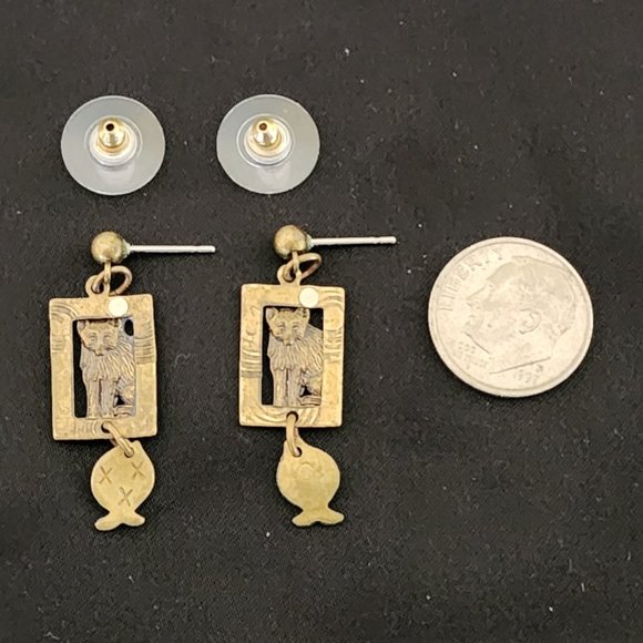 Vintage Brass/mixed metal Cat Pierced Earrings - Picture 4 of 4